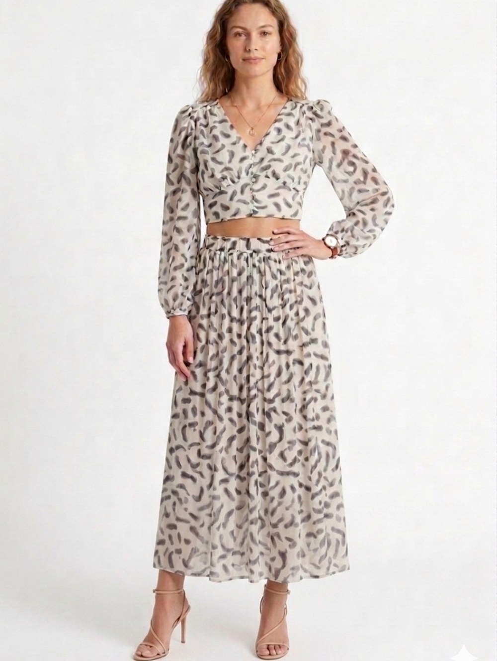 Printed Two Piece Set Size M | Crop Top And Maxi Pleated Skirt | Euro Vacation